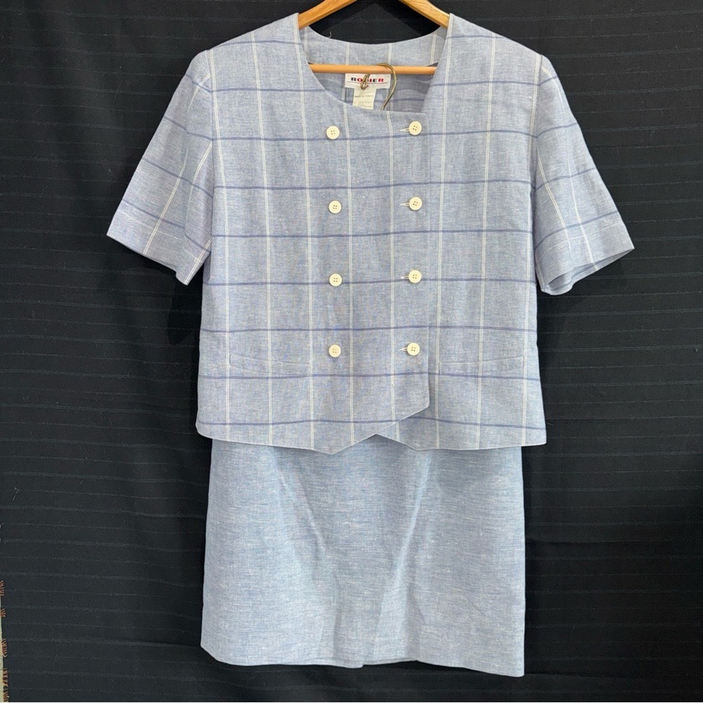 Rodier Womens 2 pc Skirt Jacket Set Suit Blue Plaid Made in France 40/42 US 8/10